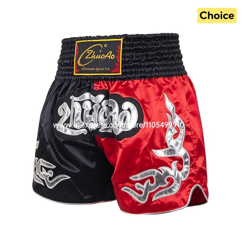 Embroidery Artist - Black Red Muay Thai Shorts Satin